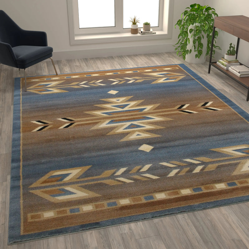 Clifton Collection Southwestern 8' x 10' Blue Area Rug - Olefin Rug with Jute Backing iHome Studio