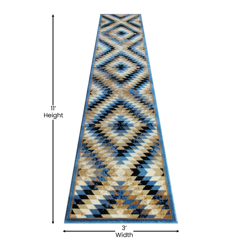 Clifton Collection Southwestern Type 2 2' x 11' Blue Area Rug - Olefin Rug with Jute Backing iHome Studio