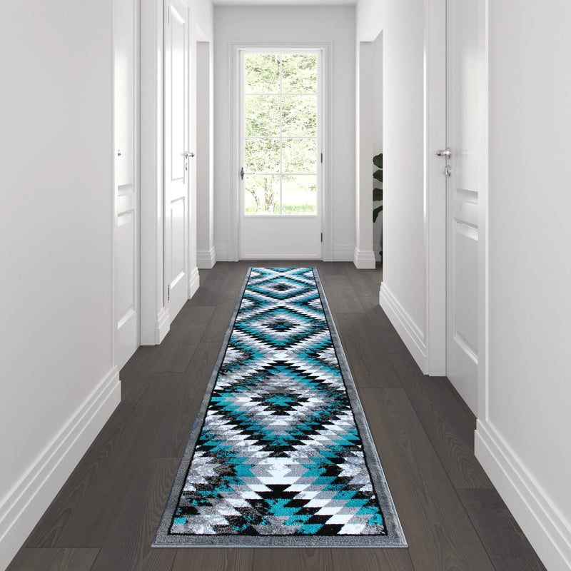 Clifton Collection Southwestern Type 2 2' x 11' Turquoise Area Rug - Olefin Rug with Jute Backing iHome Studio