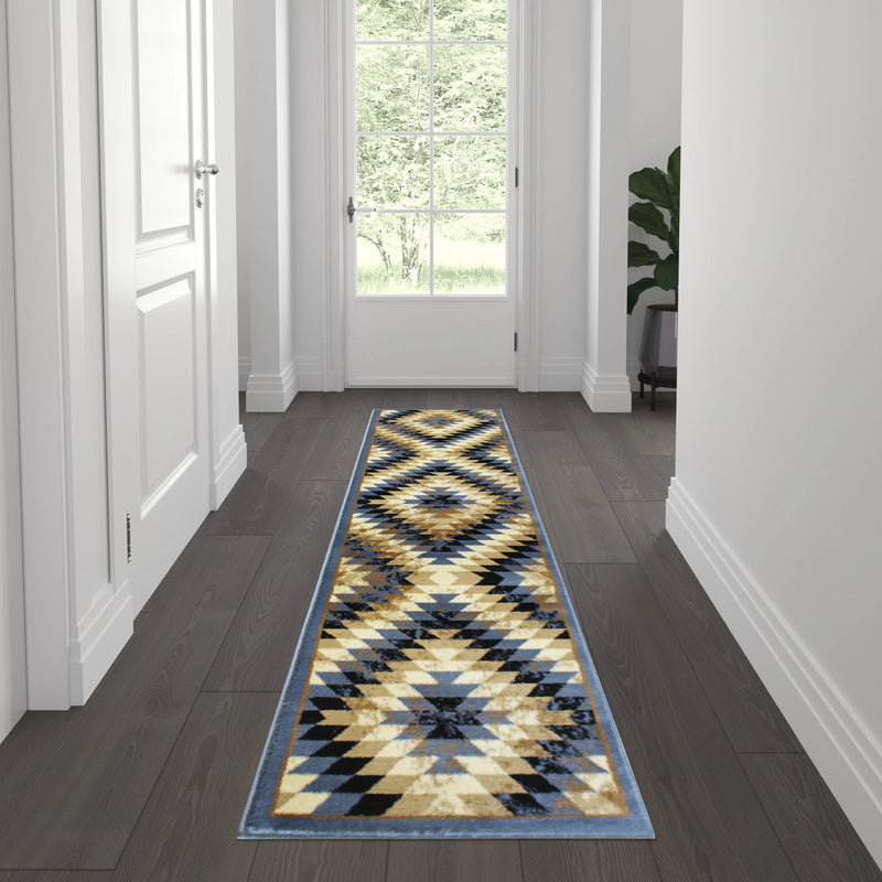 Clifton Collection Southwestern Type 2 2' x 7' Blue Area Rug - Olefin Rug with Jute Backing iHome Studio