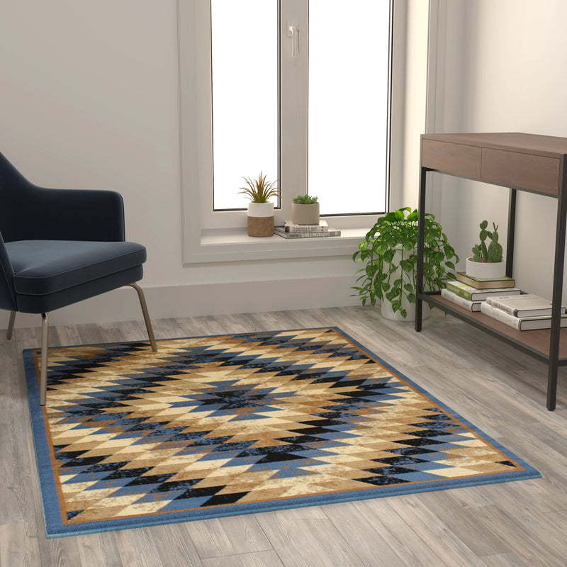 Clifton Collection Southwestern Type 2 4' x 5' Blue Area Rug - Olefin Rug with Jute Backing iHome Studio