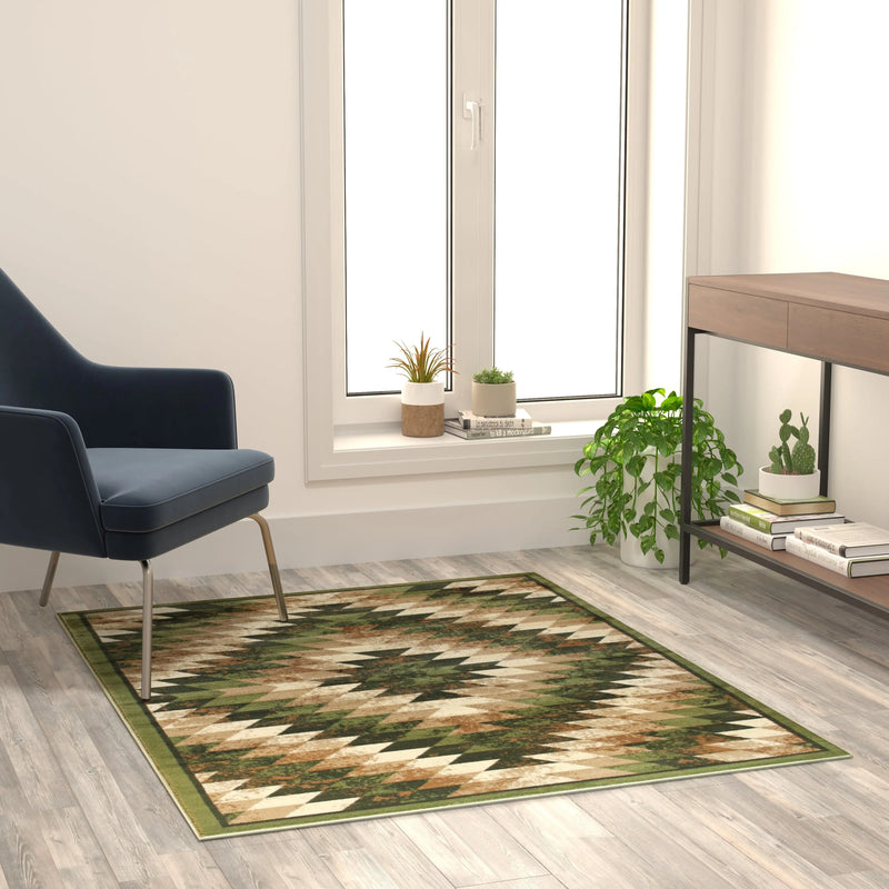 Clifton Collection Southwestern Type 2 4' x 5' Green Area Rug - Olefin Rug with Jute Backing iHome Studio