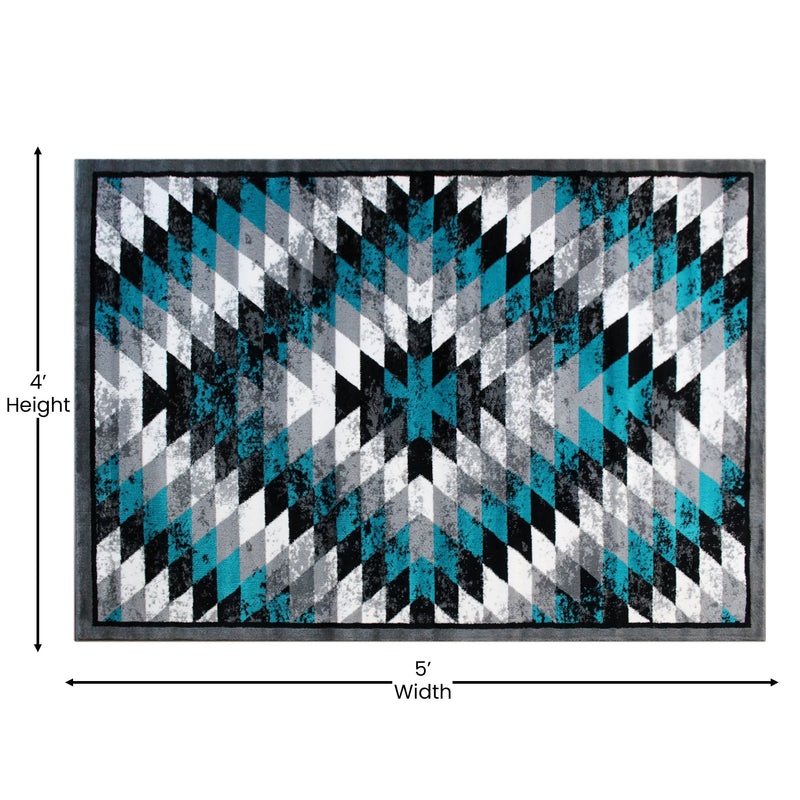 Clifton Collection Southwestern Type 2 4' x 5' Turquoise Area Rug - Olefin Rug with Jute Backing iHome Studio