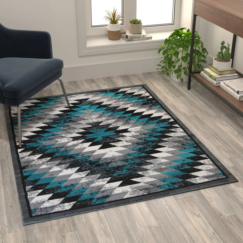 Clifton Collection Southwestern Type 2 4' x 5' Turquoise Area Rug - Olefin Rug with Jute Backing iHome Studio