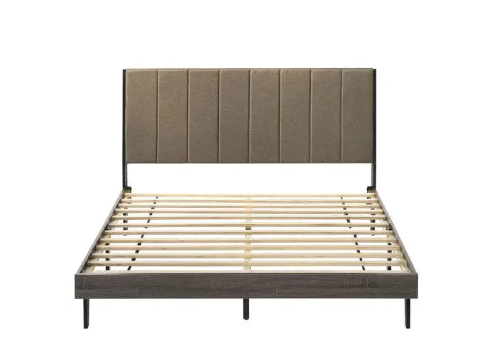 Clyde Queen Bed w/Upholstered Headboard, Brown Fabric & Weatheted Gray Finish iHome Studio