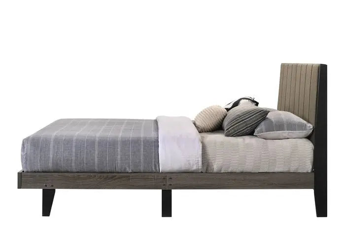 Clyde Queen Bed w/Upholstered Headboard, Brown Fabric & Weatheted Gray Finish iHome Studio