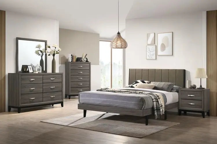 Clyde Queen Bed w/Upholstered Headboard, Brown Fabric & Weatheted Gray Finish iHome Studio