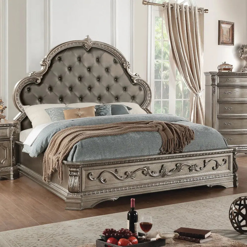 Colten King Bed w/Button Tufted Headboard, Faux Leather & Antique Silver iHome Studio