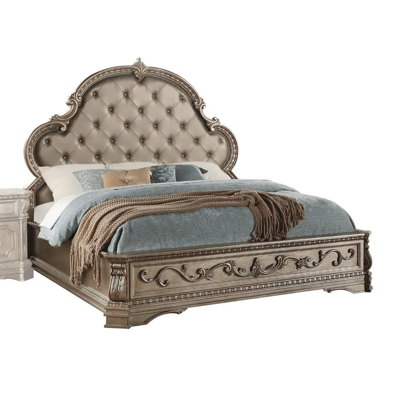 Colten Queen Bed w/Button Tufted Headboard, Faux Leather & Antique Silver iHome Studio