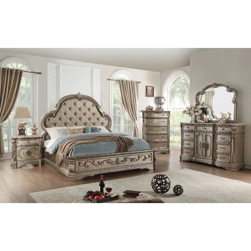 Colten Queen Bed w/Button Tufted Headboard, Faux Leather & Antique Silver iHome Studio