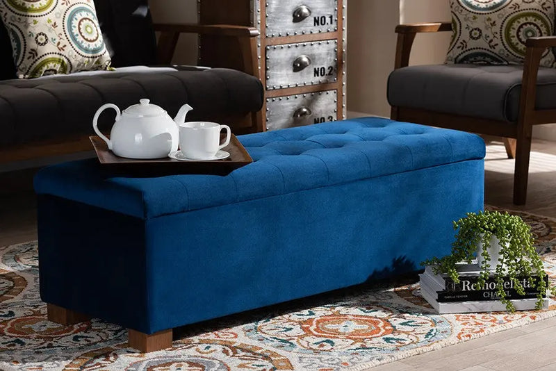 Cooper Navy Blue Velvet Fabric Upholstered Grid-Tufted Storage Ottoman Bench iHome Studio