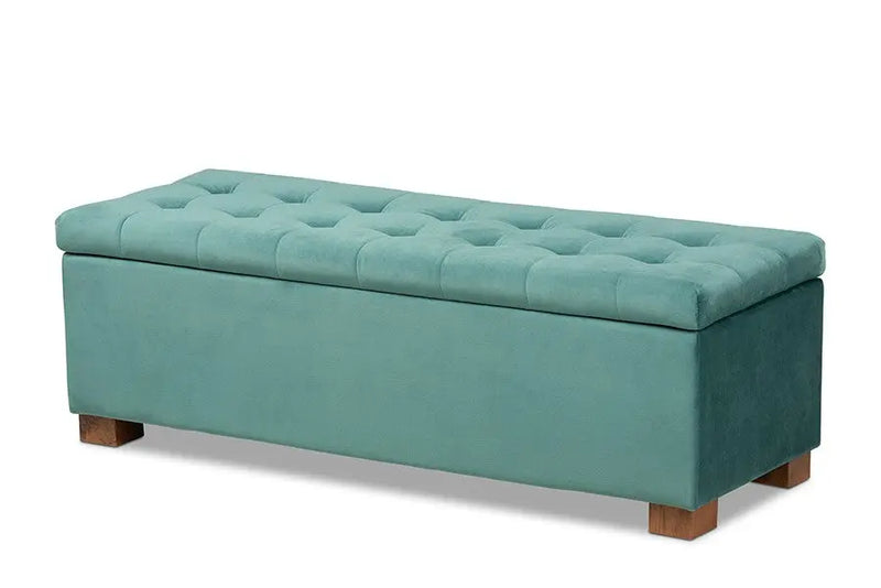 Cooper Teal Blue Velvet Fabric Upholstered Grid-Tufted Storage Ottoman Bench iHome Studio