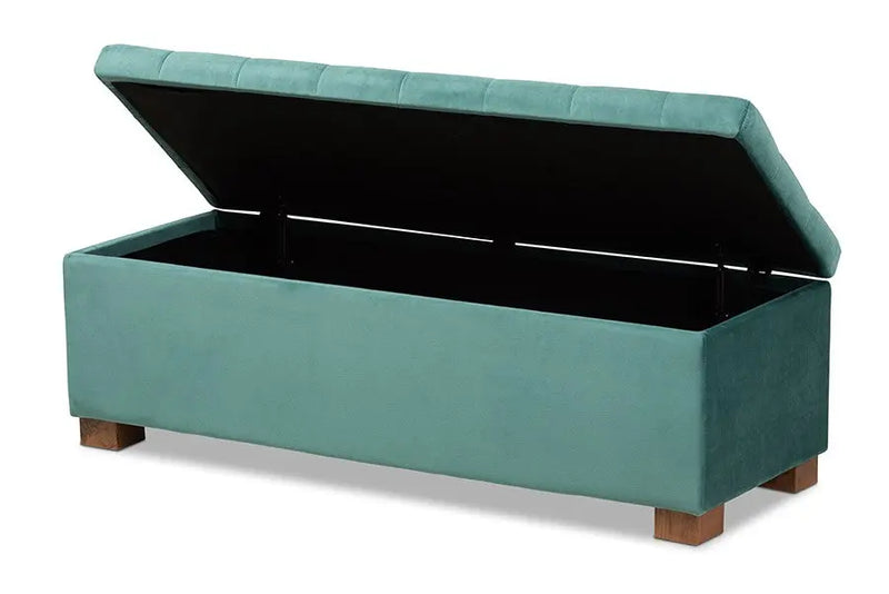 Cooper Teal Blue Velvet Fabric Upholstered Grid-Tufted Storage Ottoman Bench iHome Studio