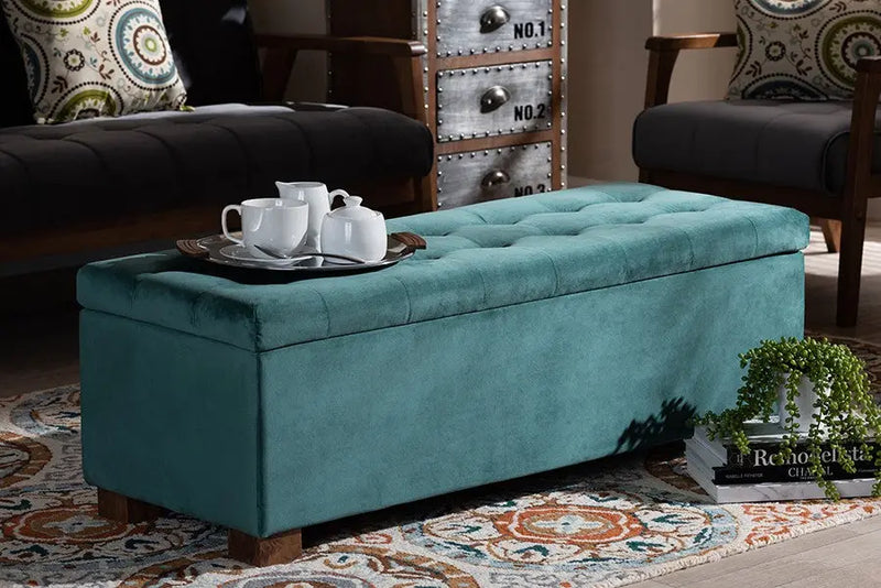 Cooper Teal Blue Velvet Fabric Upholstered Grid-Tufted Storage Ottoman Bench iHome Studio