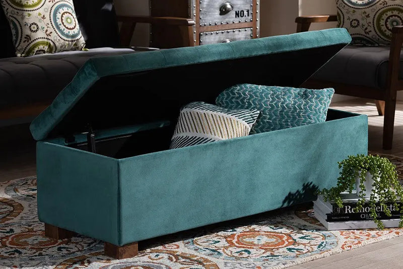 Cooper Teal Blue Velvet Fabric Upholstered Grid-Tufted Storage Ottoman Bench iHome Studio