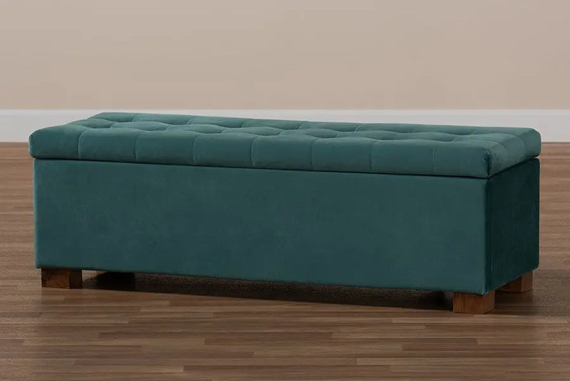 Cooper Teal Blue Velvet Fabric Upholstered Grid-Tufted Storage Ottoman Bench iHome Studio