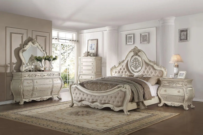 Damien Queen Bed, Beige Linen & Antique White iHome Studio