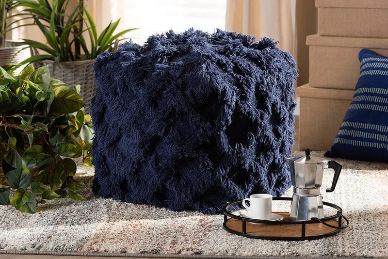 Daniel Moroccan Inspired Navy Handwoven Cotton Fringe Pouf Ottoman iHome Studio