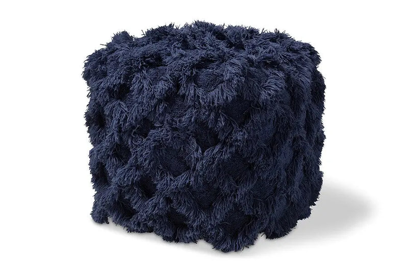 Daniel Moroccan Inspired Navy Handwoven Cotton Fringe Pouf Ottoman iHome Studio