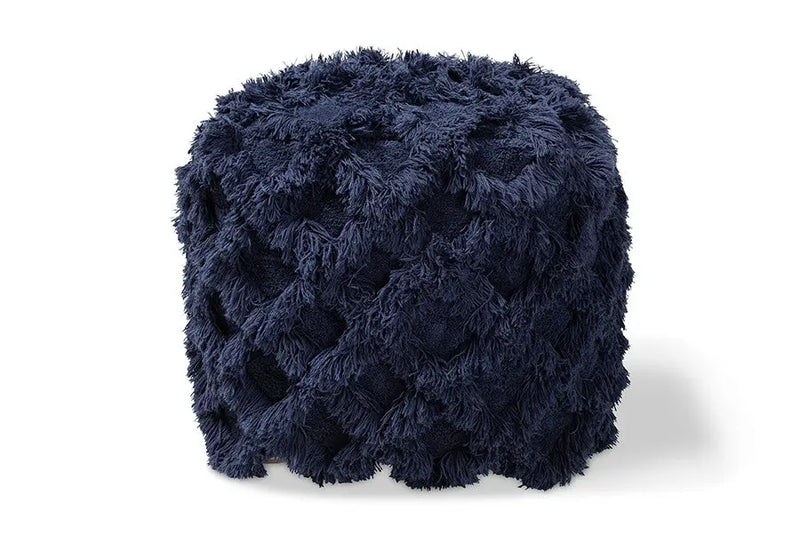 Daniel Moroccan Inspired Navy Handwoven Cotton Fringe Pouf Ottoman iHome Studio