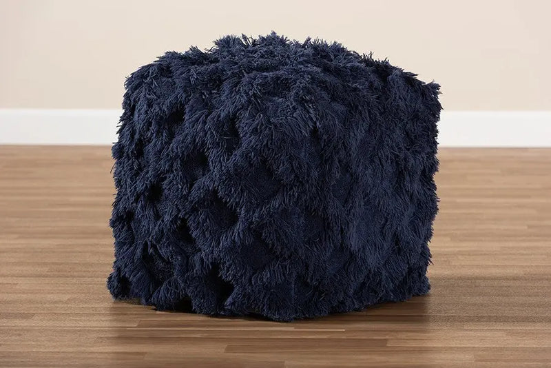 Daniel Moroccan Inspired Navy Handwoven Cotton Fringe Pouf Ottoman iHome Studio