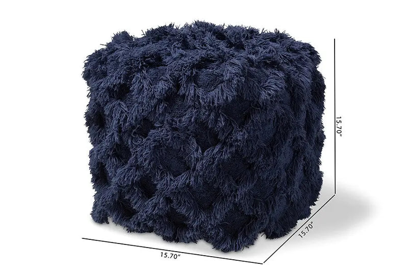 Daniel Moroccan Inspired Navy Handwoven Cotton Fringe Pouf Ottoman iHome Studio