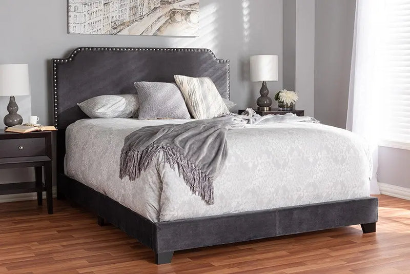 Darcy Dark Grey Velvet Upholstered Bed (Queen) iHome Studio