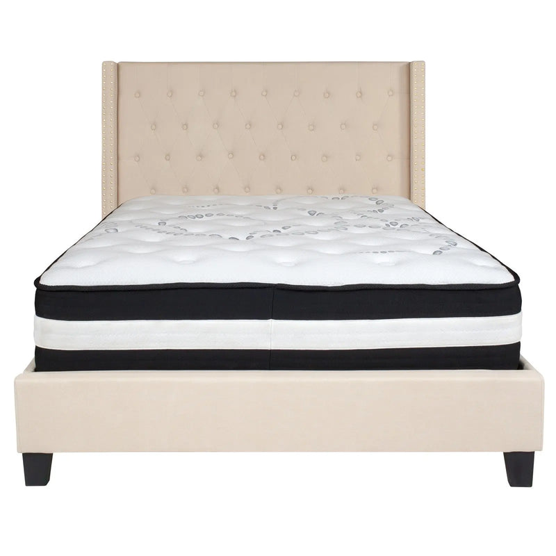 Darcy Tufted Upholstered Platform Bed, Beige w/Mattress (Full) iHome Studio