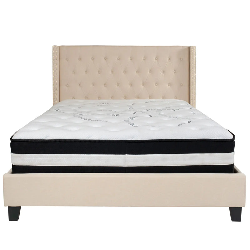 Darcy Tufted Upholstered Platform Bed, Beige w/Mattress (Queen) iHome Studio