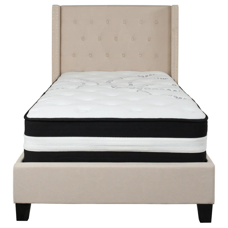 Darcy Tufted Upholstered Platform Bed, Beige w/Mattress (Twin) iHome Studio