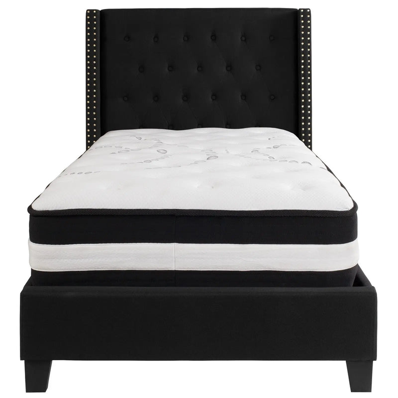 Darcy Tufted Upholstered Platform Bed, Black w/Mattress (Twin) iHome Studio