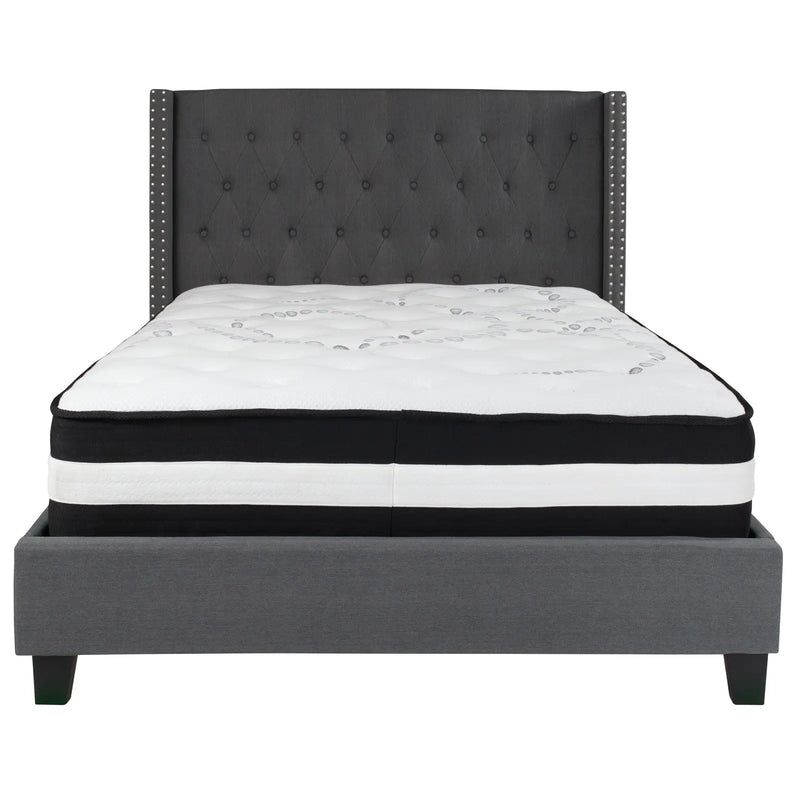 Darcy Tufted Upholstered Platform Bed, Dark Gray w/Mattress (Full) iHome Studio