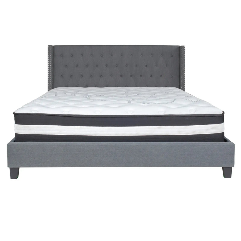 Darcy Tufted Upholstered Platform Bed, Dark Gray w/Mattress (King) iHome Studio