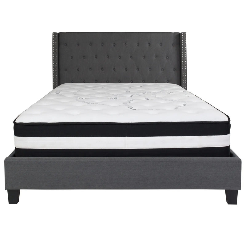 Darcy Tufted Upholstered Platform Bed, Dark Gray w/Mattress (Queen) iHome Studio