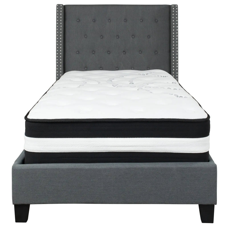 Darcy Tufted Upholstered Platform Bed, Dark Gray w/Mattress (Twin) iHome Studio