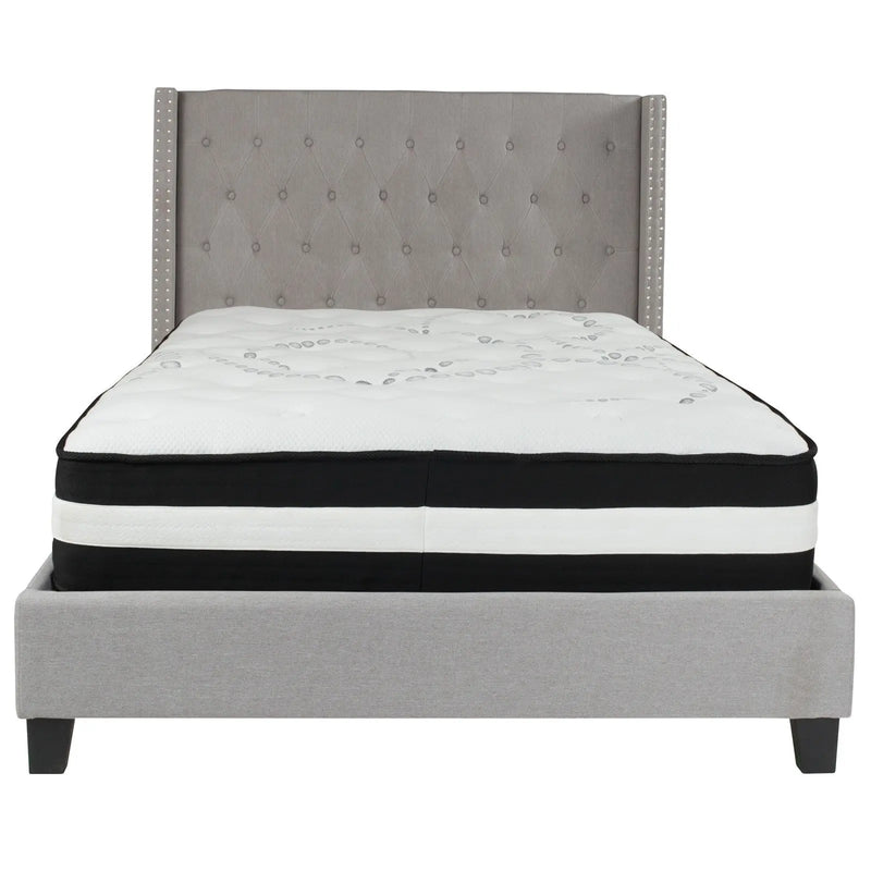 Darcy Tufted Upholstered Platform Bed, Light Gray w/Mattress (Full) iHome Studio