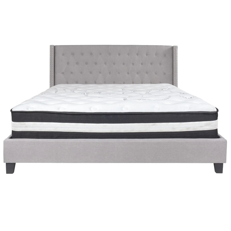 Darcy Tufted Upholstered Platform Bed, Light Gray w/Mattress (King) iHome Studio