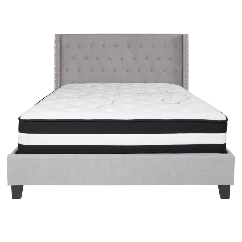 Darcy Tufted Upholstered Platform Bed, Light Gray w/Mattress (Queen) iHome Studio