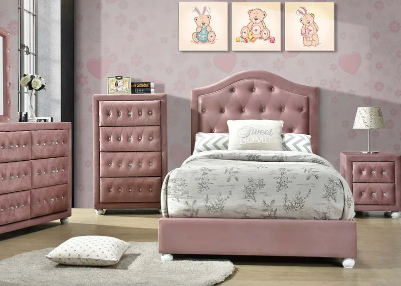 Darren Twin Bed w/Arched Style Headboard, Pink Fabric iHome Studio