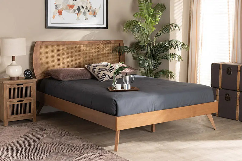 Darwin Walnut Brown Finished Wood , Synthetic Rattan Platform Bed (King) iHome Studio