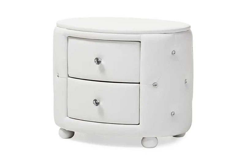 Davina Hollywood Glamour Style Oval 2-drawer White Faux Leather Upholstered Nightstand iHome Studio