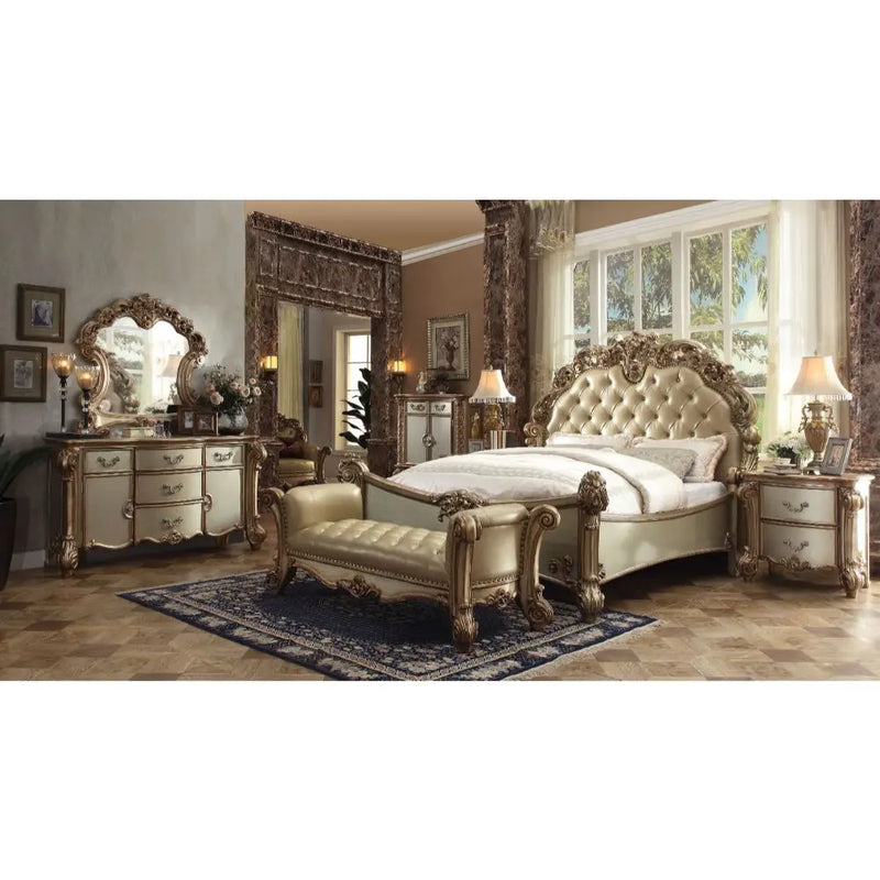 Davis California King Bed w/Oversized Scrolled Molding Trim & Leg, Brass Faux Leather & Gold Patina iHome Studio