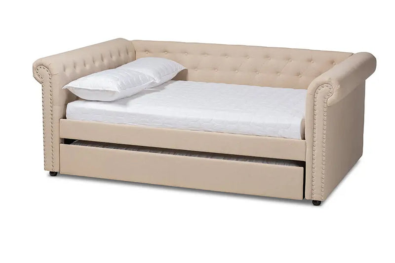 Dawson Beige Fabric Upholstered Queen Size Daybed w/Trundle iHome Studio