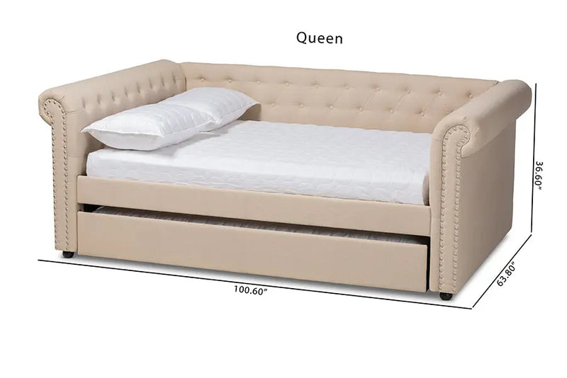 Dawson Beige Fabric Upholstered Queen Size Daybed w/Trundle iHome Studio