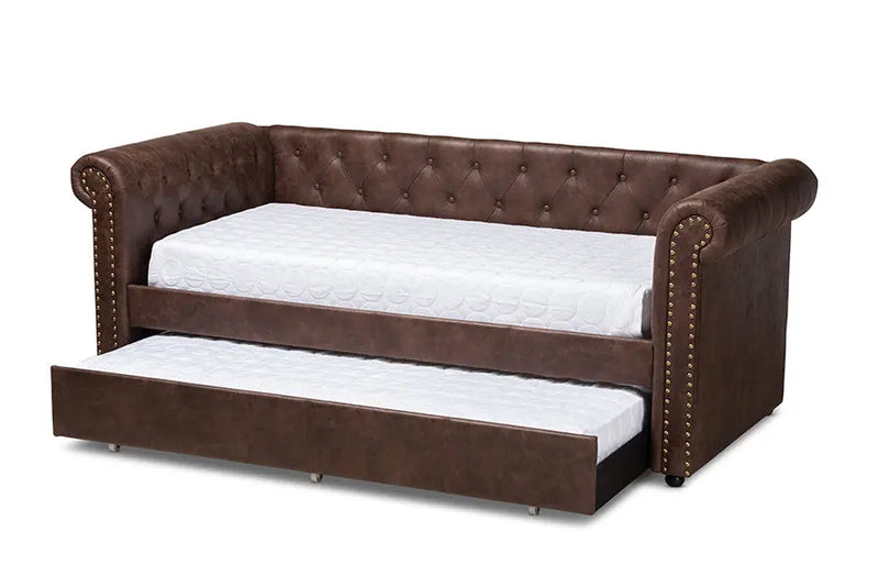 Dawson Brown Faux Leather Upholstered Daybed w/Trundle iHome Studio