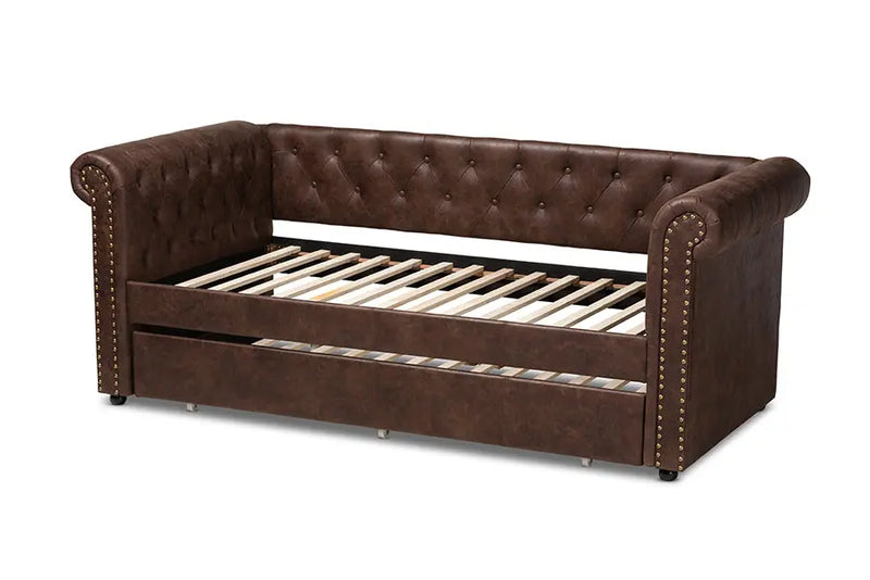 Dawson Brown Faux Leather Upholstered Daybed w/Trundle iHome Studio