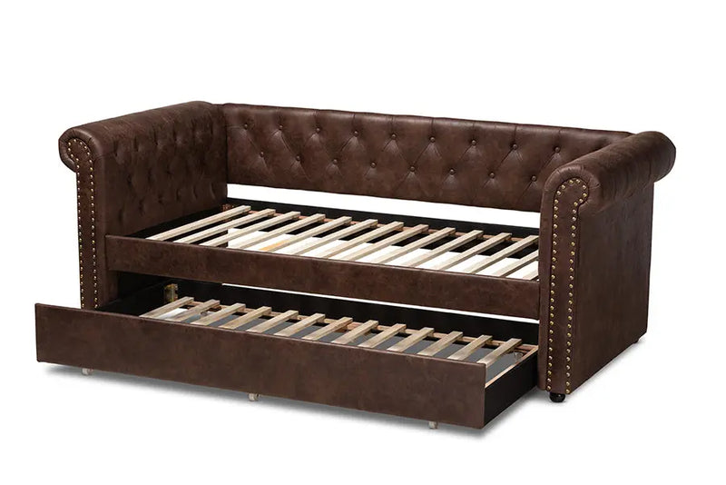 Dawson Brown Faux Leather Upholstered Daybed w/Trundle iHome Studio