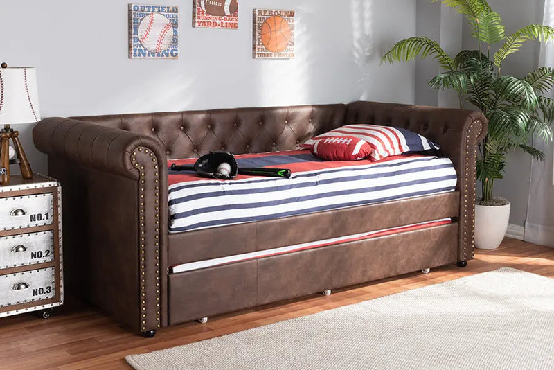 Dawson Brown Faux Leather Upholstered Daybed w/Trundle iHome Studio