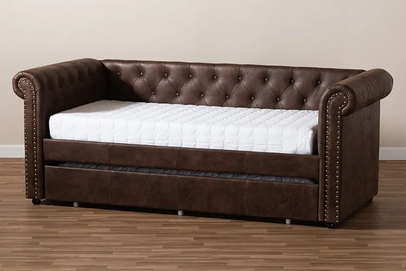 Dawson Brown Faux Leather Upholstered Daybed w/Trundle iHome Studio