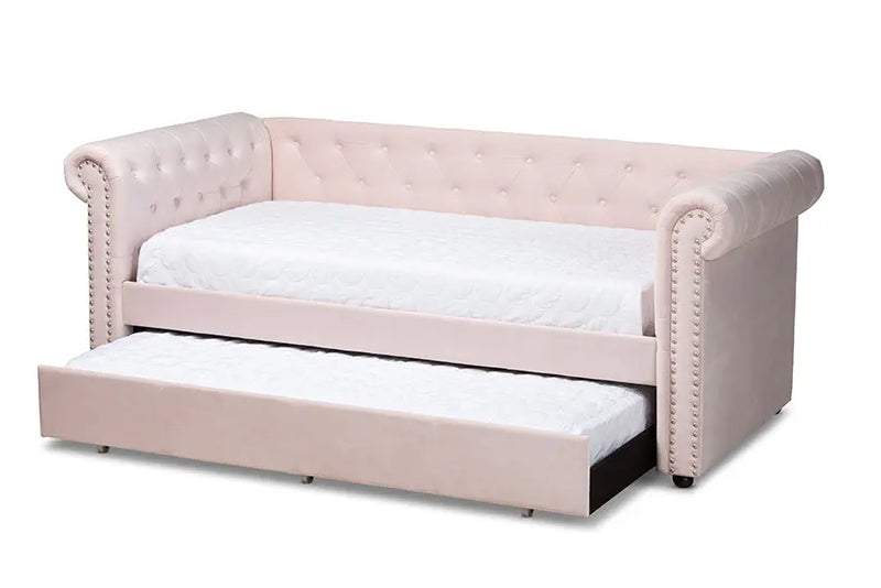 Dawson Light Pink Velvet Upholstered Daybed w/Trundle iHome Studio